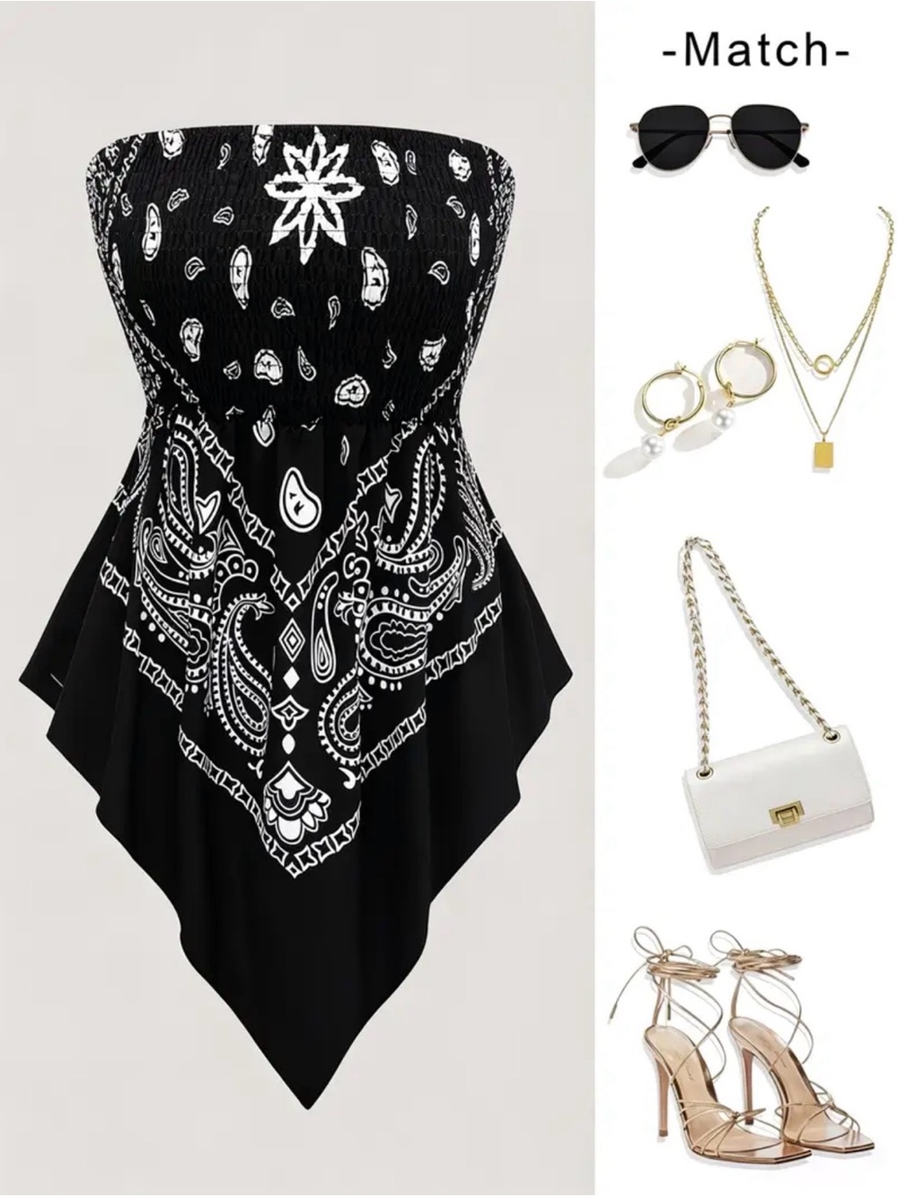 Strapless Black Bandana Print Handkerchief Hem Top New Boutique - Picture 3 of 5